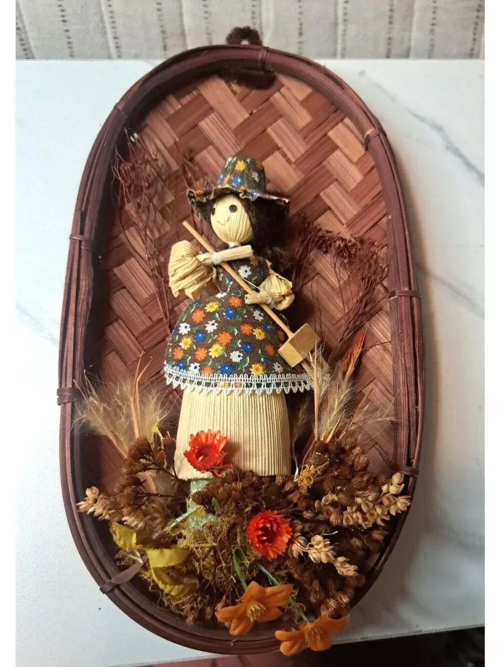 Vintage 1970's Boho Miniature Gardener Corn Husk Doll Basket Wall Hanging
